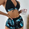 Bikini 3 Pièces Femme Bleu Lagon – Imprimé Tropical & Shorty