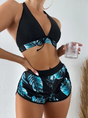 Bikini 3 Pièces Femme Bleu Lagon – Imprimé Tropical & Shorty