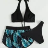 Bikini 3 Pièces Femme Bleu Lagon – Imprimé Tropical & Shorty