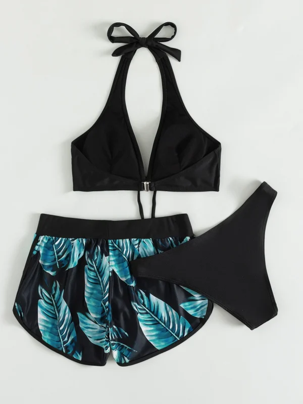 Bikini 3 Pièces Femme Bleu Lagon – Imprimé Tropical & Shorty