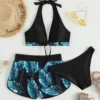 Bikini 3 Pièces Femme Bleu Lagon – Imprimé Tropical & Shorty