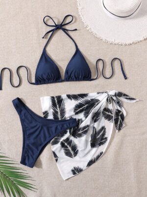Bikini 3 Pièces Femme Bleu Marine Tropical
