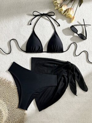 Bikini 3 Pièces Femme Noir Bohème – Ras-du-cou & Jupe Assortie