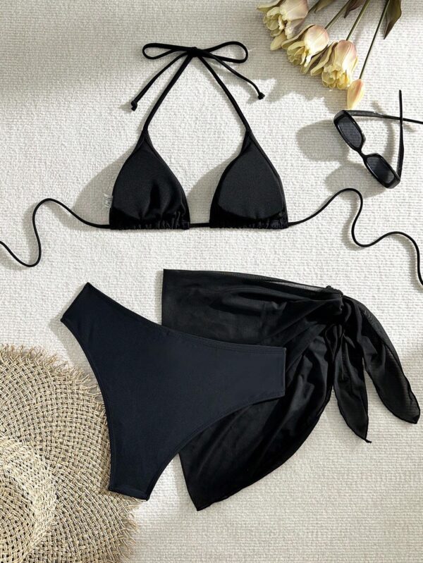 Bikini 3 Pièces Femme Noir Bohème – Ras-du-cou & Jupe Assortie