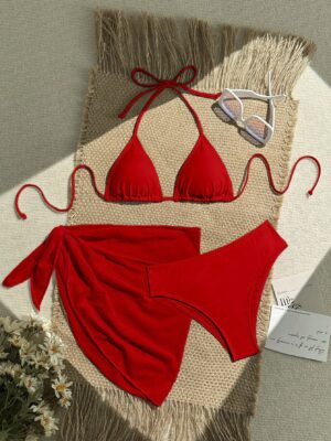 Ensemble Bikini 3 Pièces Femme Rouge Style Bohème