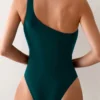 Maillot Une Pièce Femme Bleu Canard – Col Asymétrique Torsadé